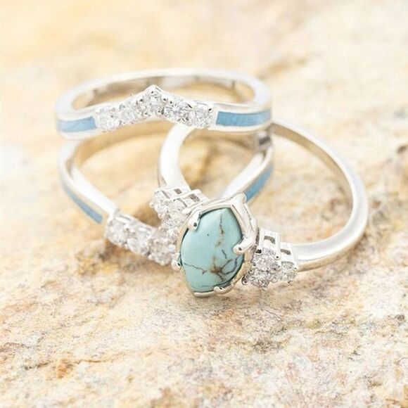 Western Bohemian Navajo Turquoise Wedding Engagement Ring Diamond Ring Set - Picture 2 of 12